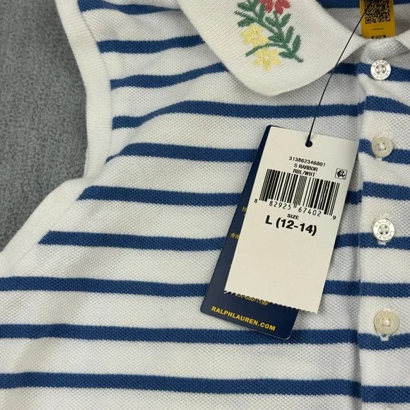 Polo Ralph Lauren Girls Large 12-14 White Blue‎ Striped 100% Cotton Mesh Romper